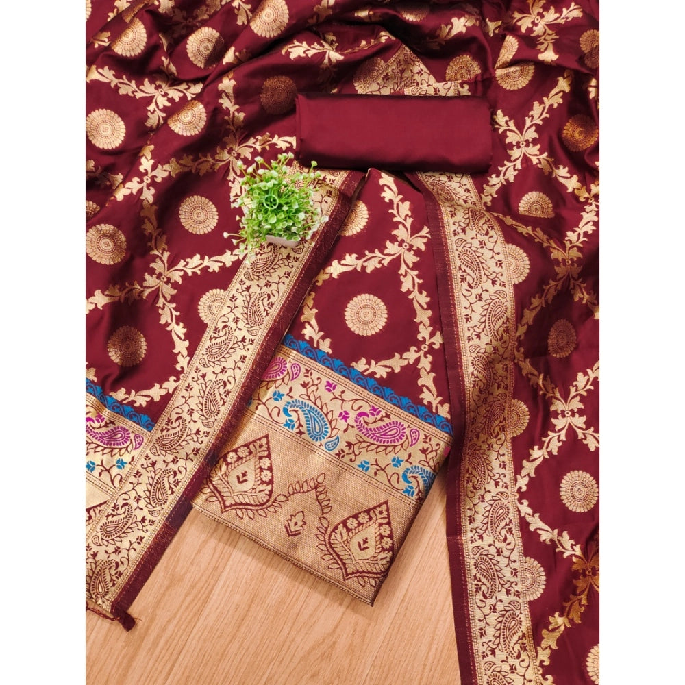 Vaystra Banarasi Silk Printed Unstitched Salwar Suit Material With Dupatta – Maroon