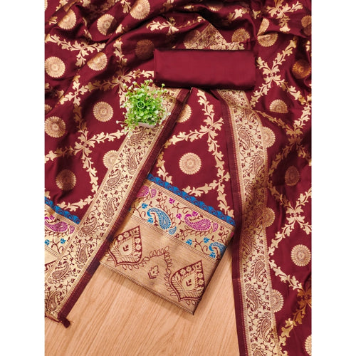 Vaystra Banarasi Silk Printed Unstitched Salwar Suit Material With Dupatta – Maroon