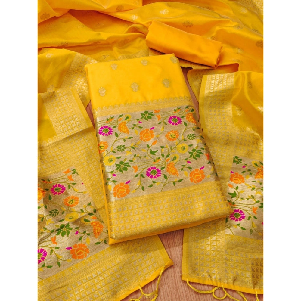 Vaystra Banarasi Silk Printed Unstitched Salwar Suit Material With Dupatta – Yellow