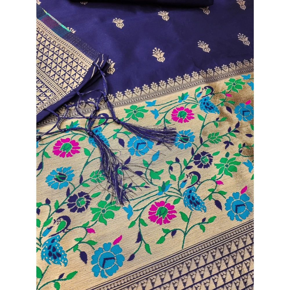 Vaystra Banarasi Silk Printed Unstitched Salwar Suit Material With Dupatta – Navy Blue