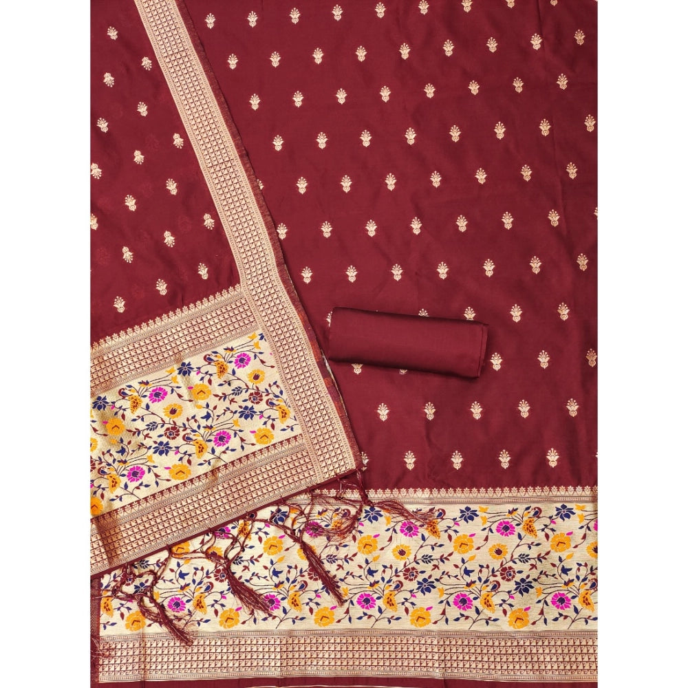 Vaystra Banarasi Silk Printed Unstitched Salwar Suit Material With Dupatta – Maroon