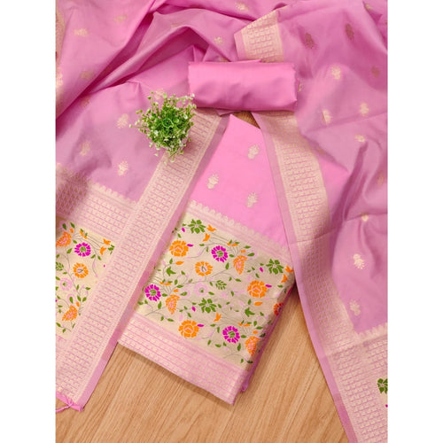 Vaystra Banarasi Silk Printed Unstitched Salwar Suit Material With Dupatta – Light Pink