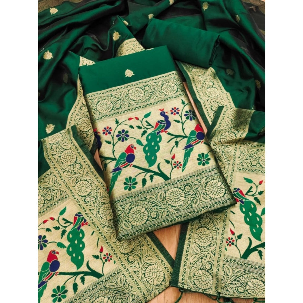 Vaystra Banarasi Silk Printed Unstitched Salwar Suit Material With Dupatta – Bottle Green
