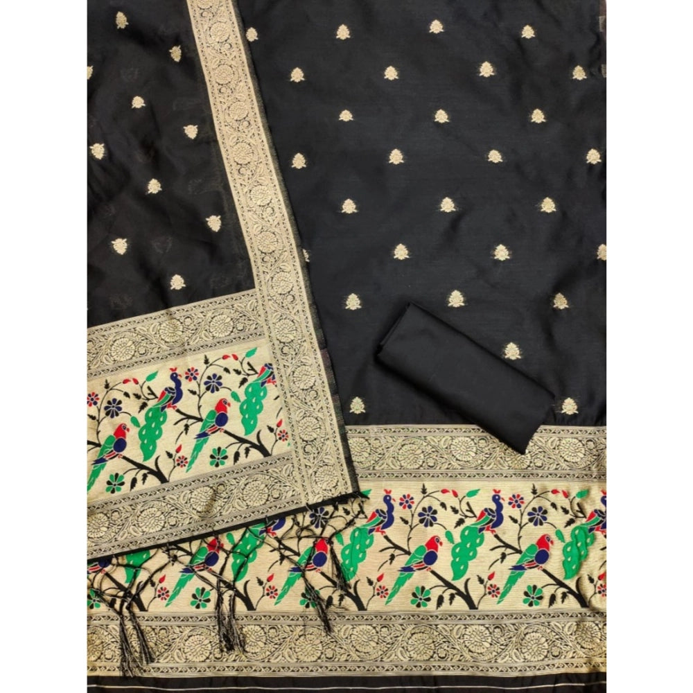 Vaystra Banarasi Silk Printed Unstitched Salwar Suit Material With Dupatta – Black
