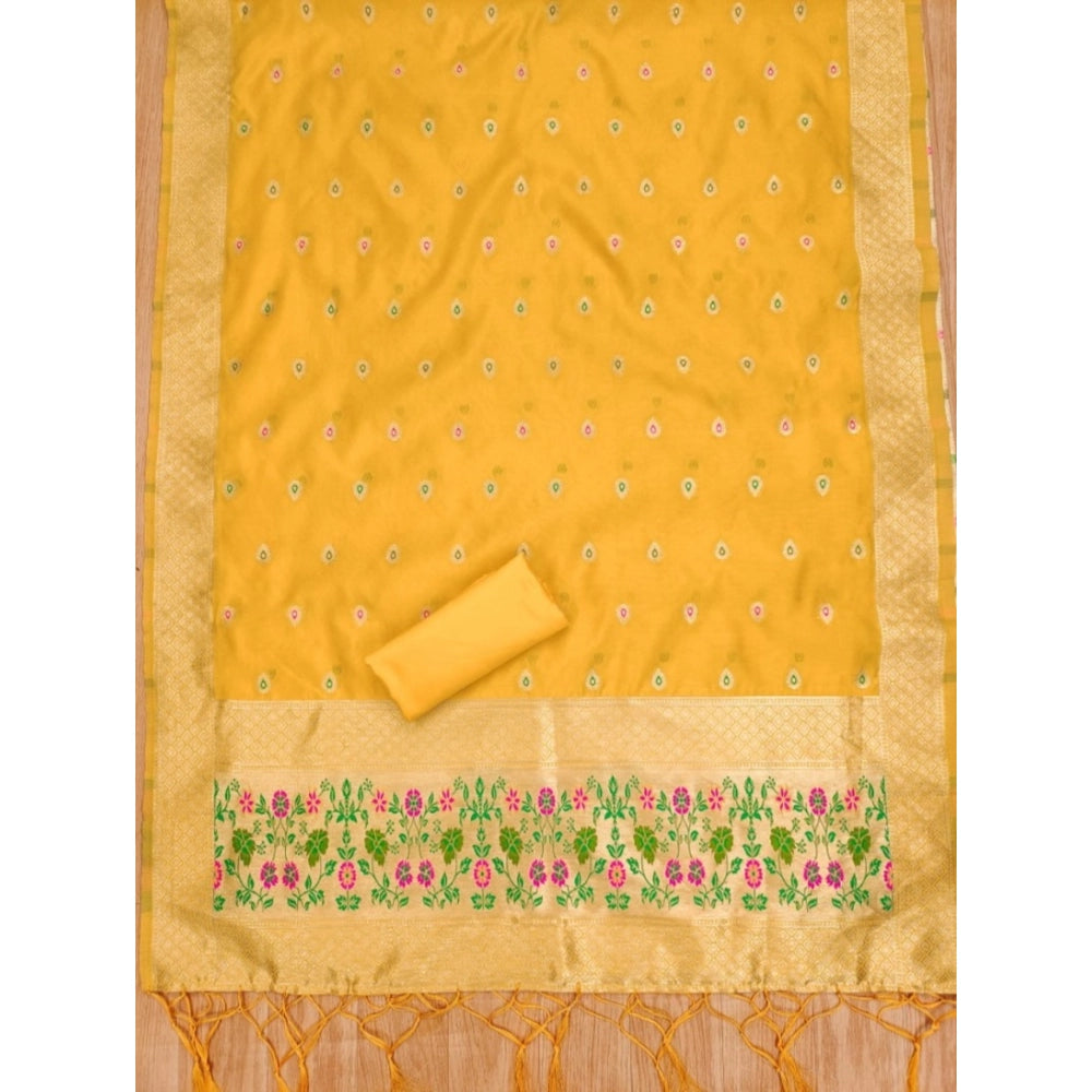 Vaystra Banarasi Silk Printed Unstitched Salwar Suit Material With Dupatta – Yellow