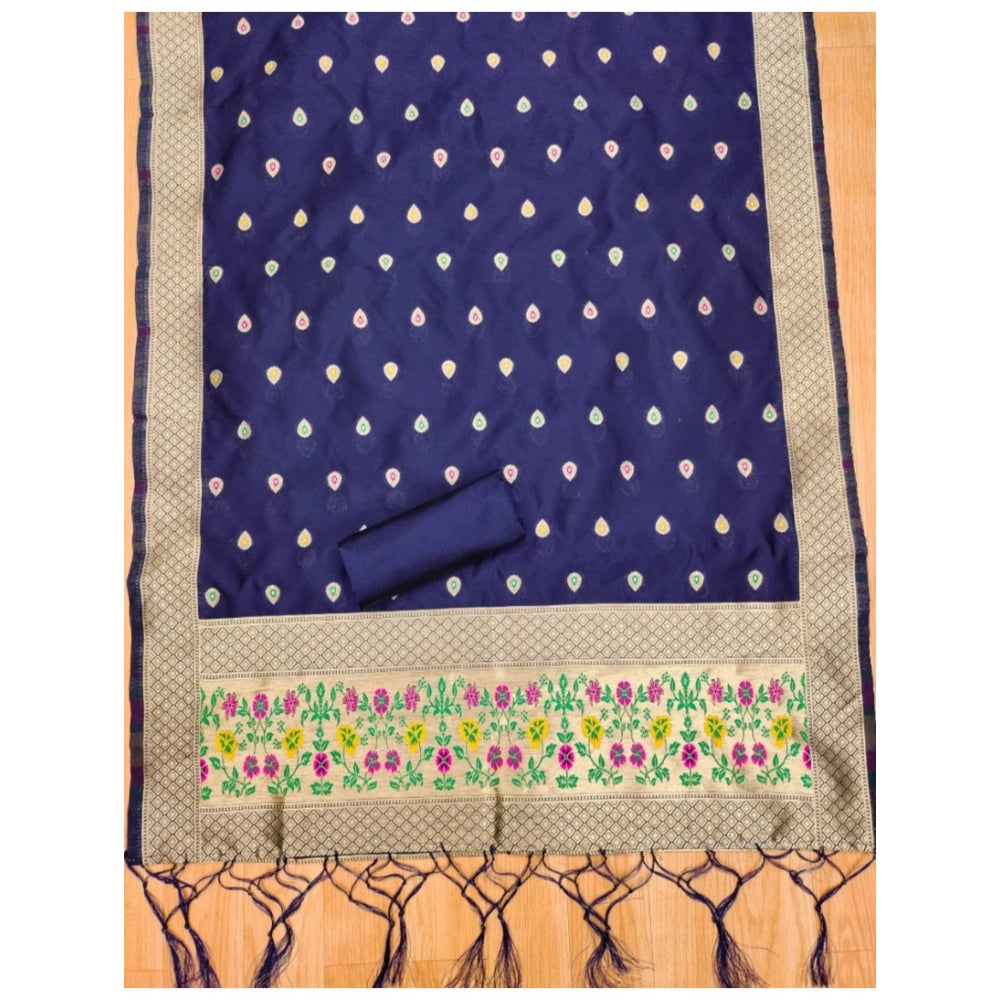 Vaystra Banarasi Silk Printed Unstitched Salwar Suit Material With Dupatta – Navy Blue
