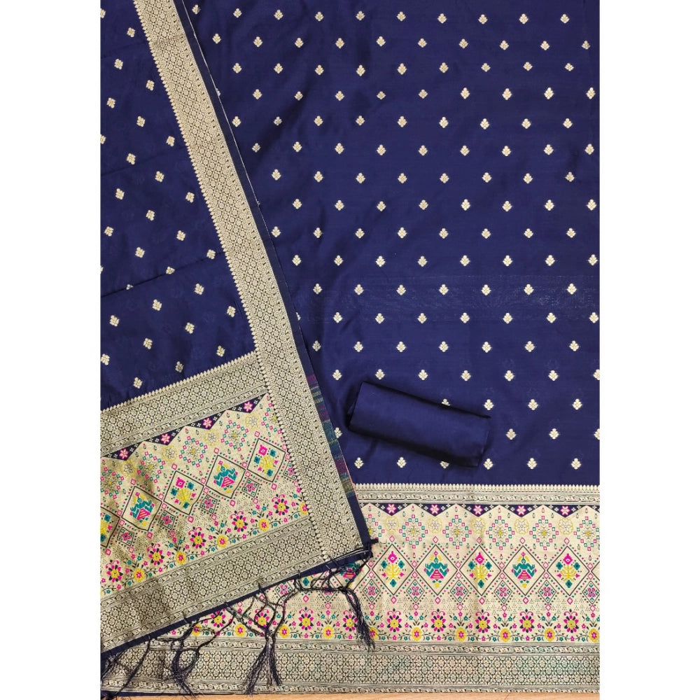 Vaystra Banarasi Silk Printed Unstitched Salwar Suit Material With Dupatta – Navy Blue