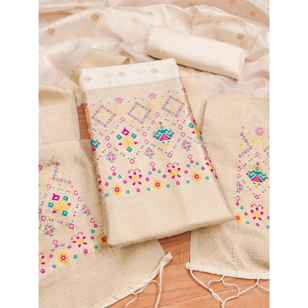 Vaystra Banarasi Silk Printed Unstitched Salwar Suit Material With Dupatta – White
