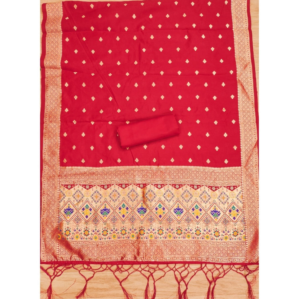 Vaystra Banarasi Silk Printed Unstitched Salwar Suit Material With Dupatta – Red