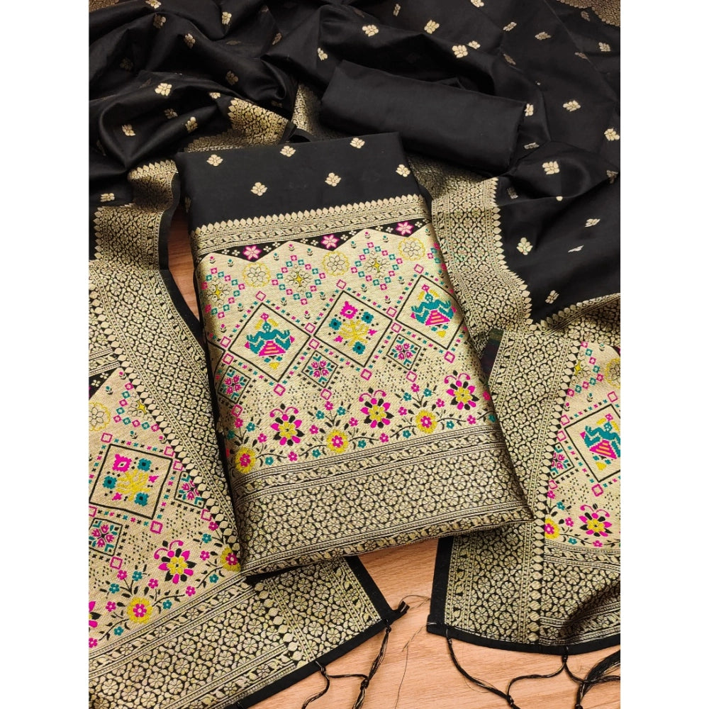Vaystra Banarasi Silk Printed Unstitched Salwar Suit Material With Dupatta – Black