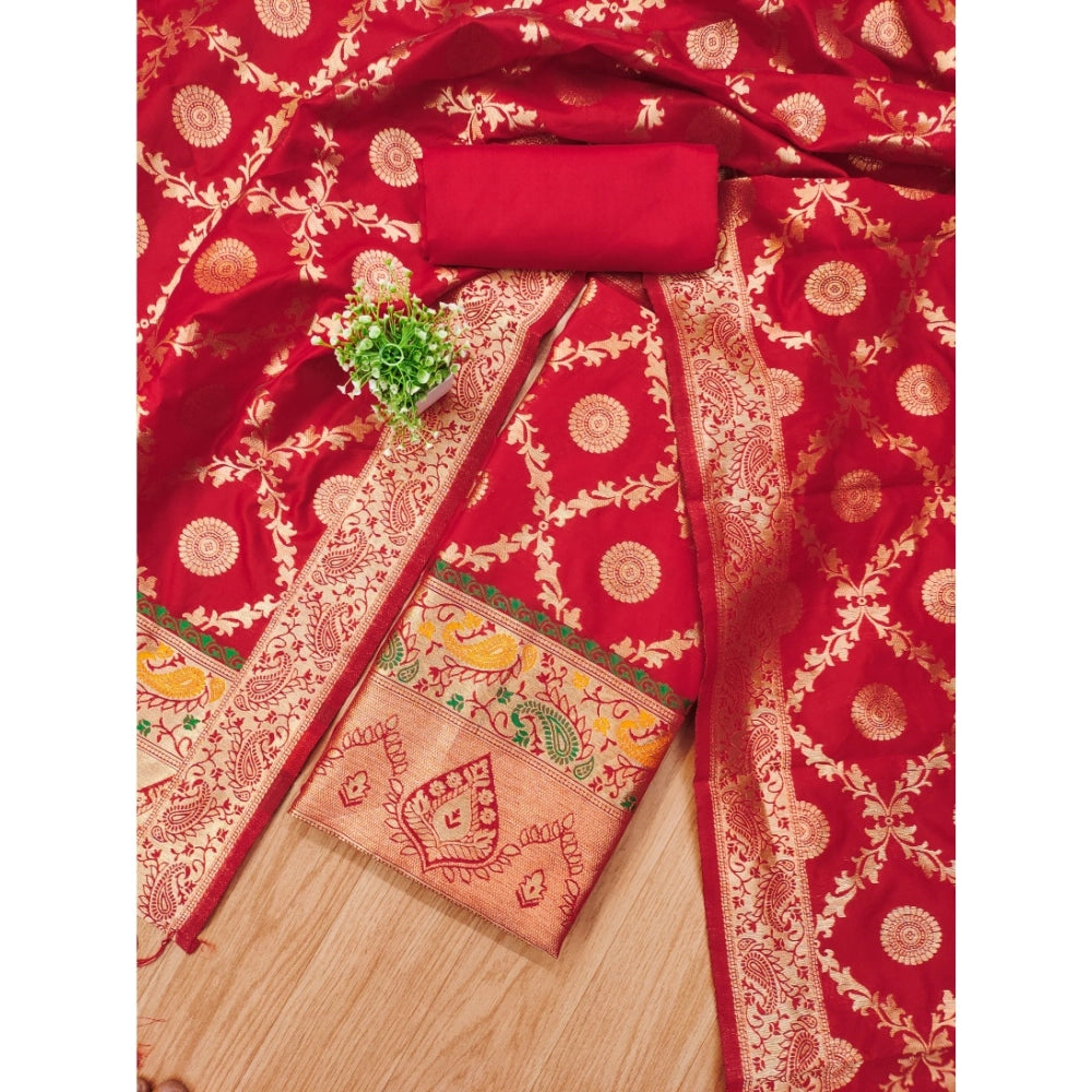 Vaystra Banarasi Silk Printed Unstitched Salwar Suit Material With Dupatta – Red