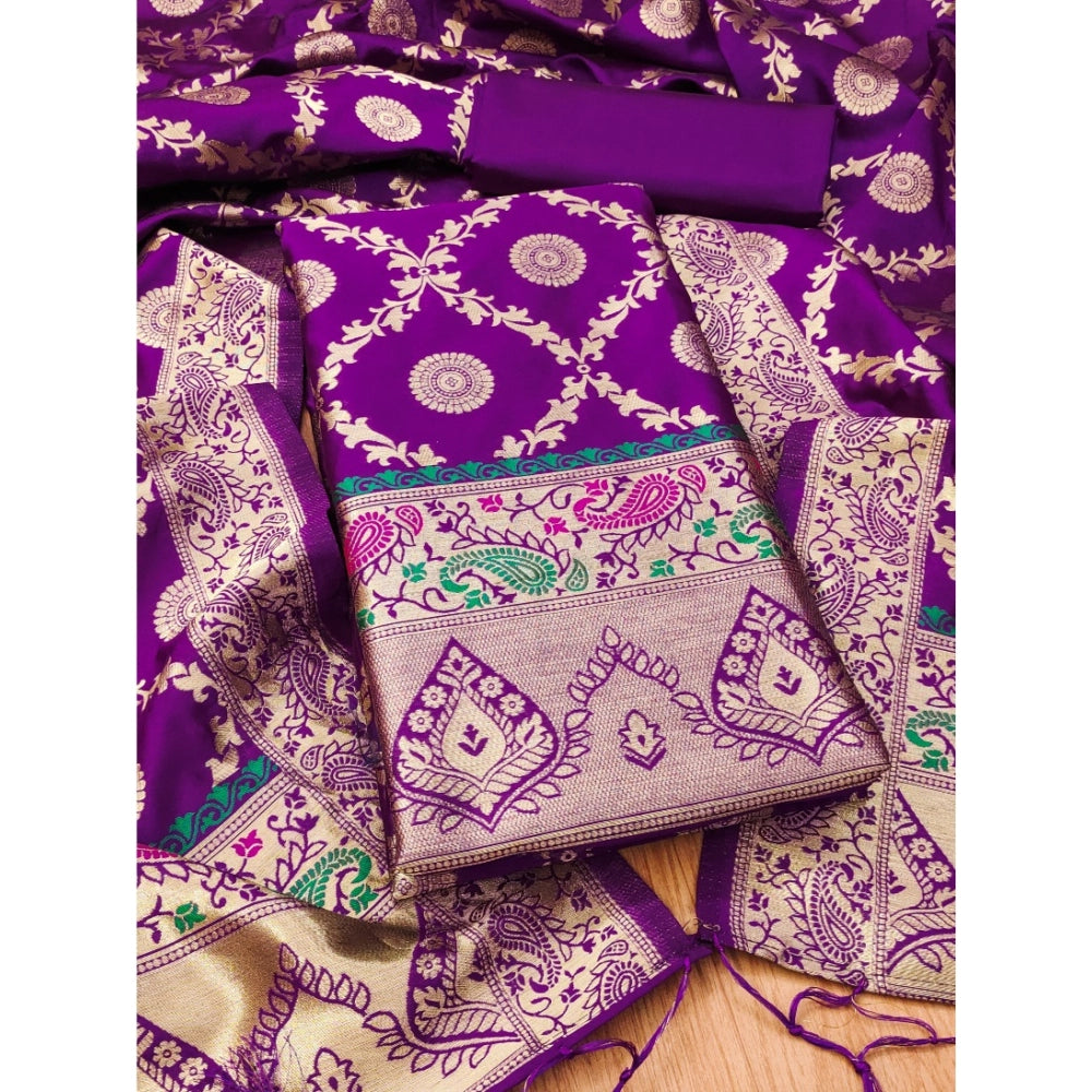 Vaystra Banarasi Silk Printed Unstitched Salwar Suit Material With Dupatta – Purple