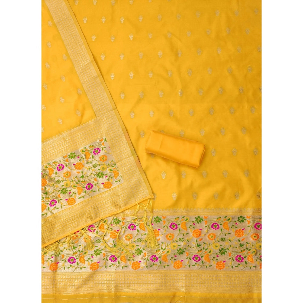 Vaystra Banarasi Silk Printed Unstitched Salwar Suit Material With Dupatta – Yellow