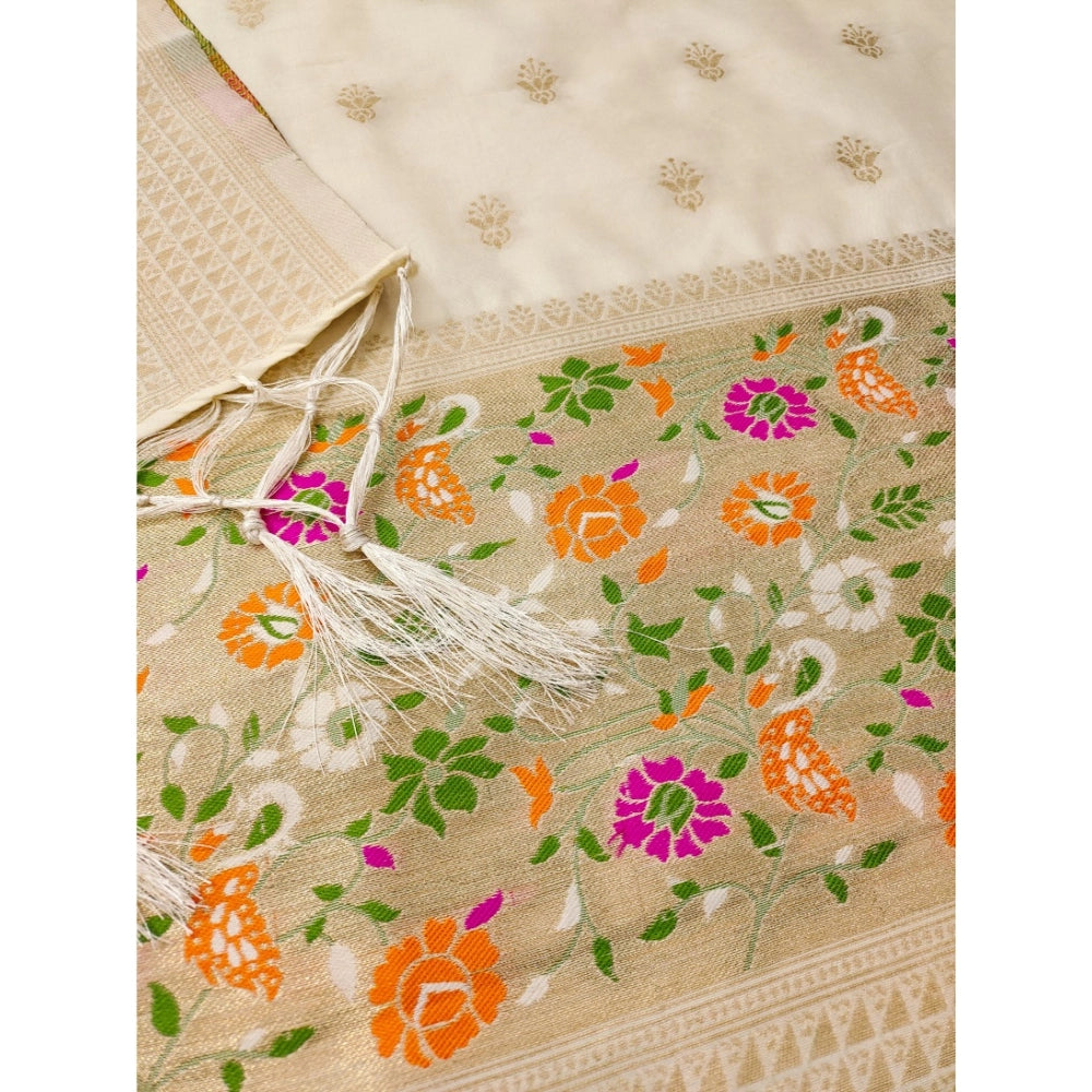 Vaystra Banarasi Silk Printed Unstitched Salwar Suit Material With Dupatta – White