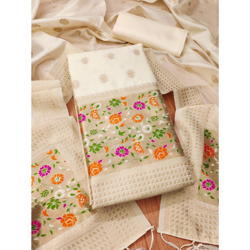 Vaystra Banarasi Silk Printed Unstitched Salwar Suit Material With Dupatta – White