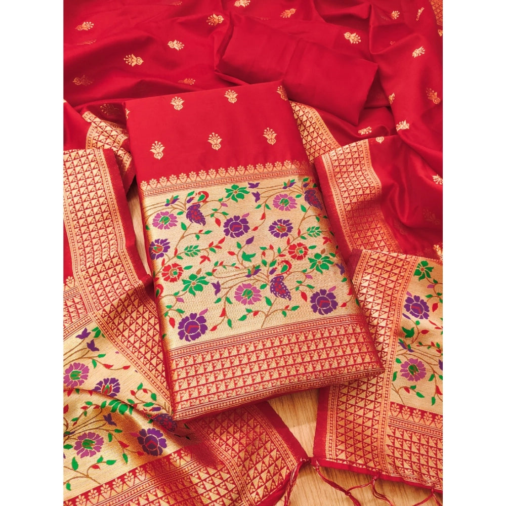 Vaystra Banarasi Silk Printed Unstitched Salwar Suit Material With Dupatta – Red