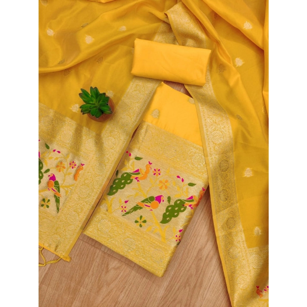 Vaystra Banarasi Silk Printed Unstitched Salwar Suit Material With Dupatta – Yellow