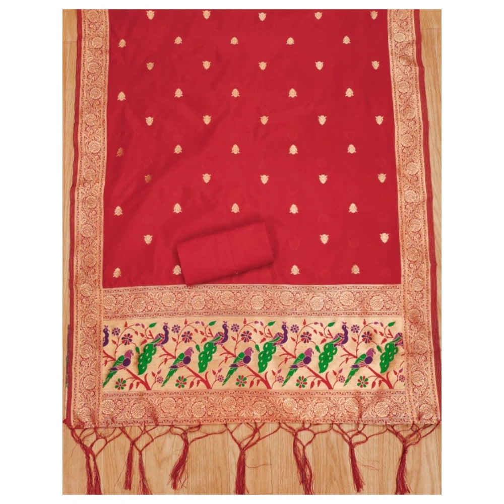 Vaystra Banarasi Silk Printed Unstitched Salwar Suit Material With Dupatta – Red