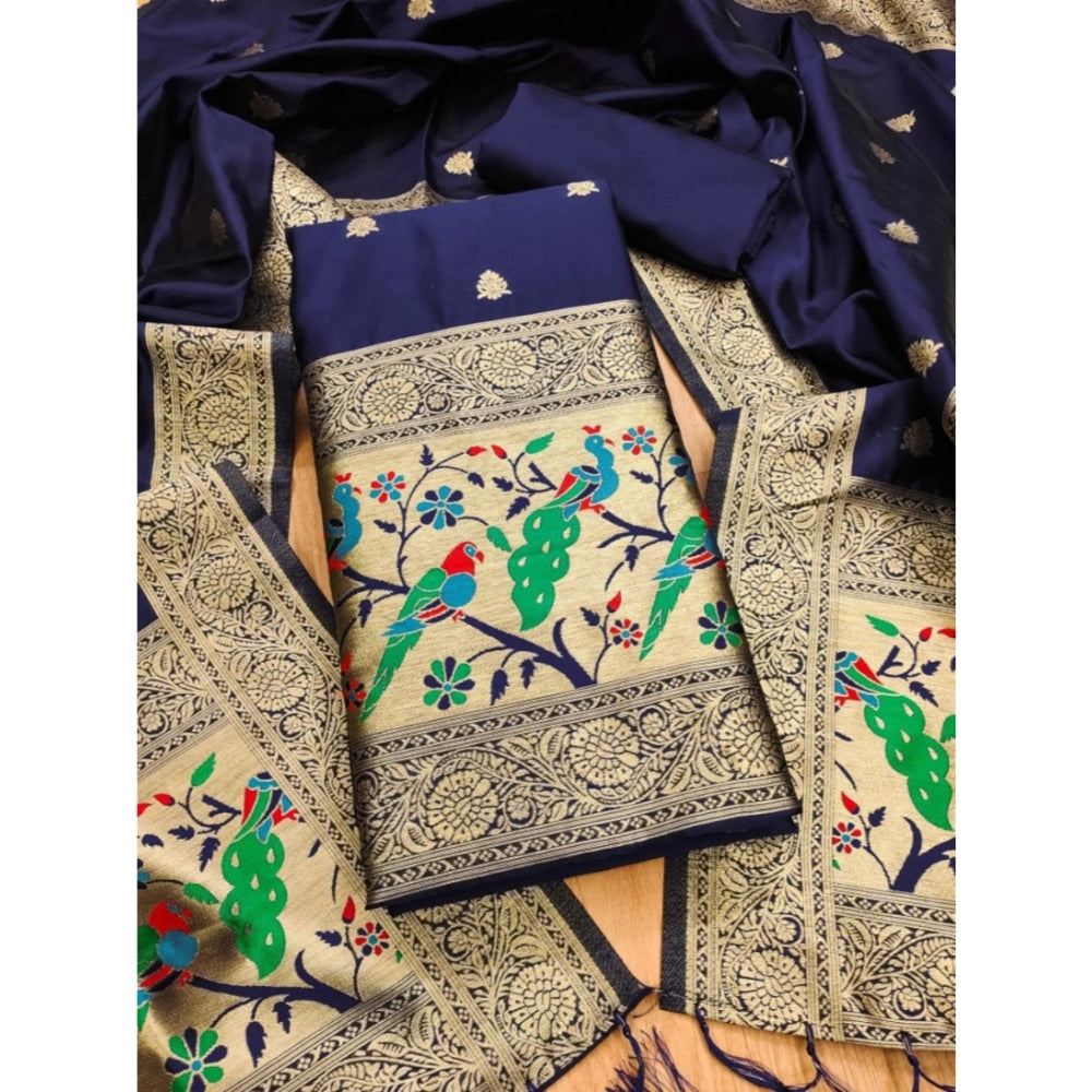 Vaystra Banarasi Silk Printed Unstitched Salwar Suit Material With Dupatta – Navy Blue