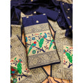 Vaystra Banarasi Silk Printed Unstitched Salwar Suit Material With Dupatta – Navy Blue