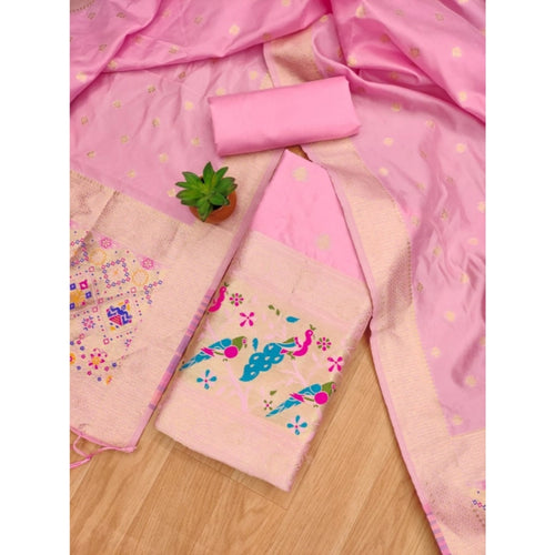 Vaystra Banarasi Silk Printed Unstitched Salwar Suit Material With Dupatta – Light Pink