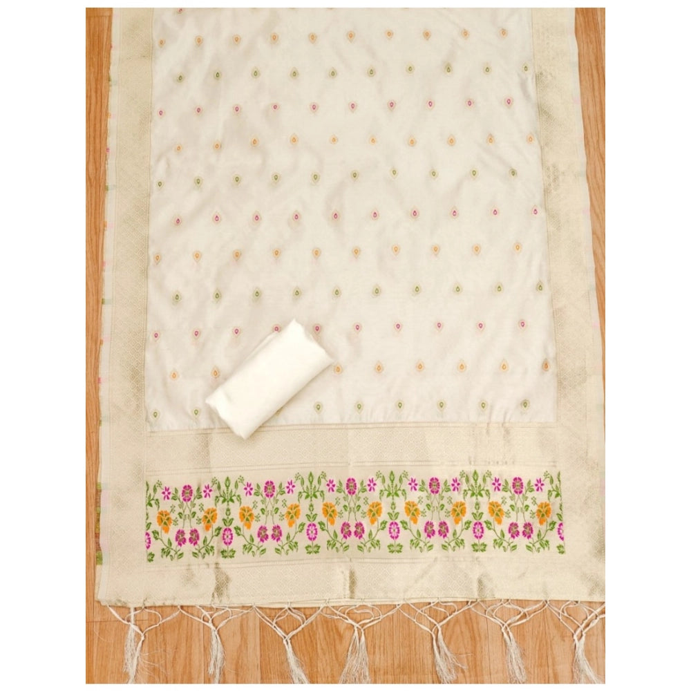 Vaystra Banarasi Silk Printed Unstitched Salwar Suit Material With Dupatta – White