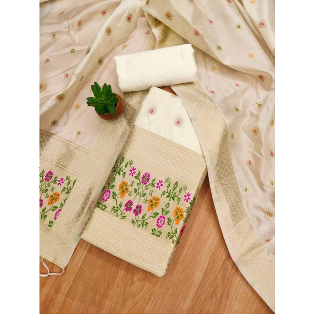 Vaystra Banarasi Silk Printed Unstitched Salwar Suit Material With Dupatta – White