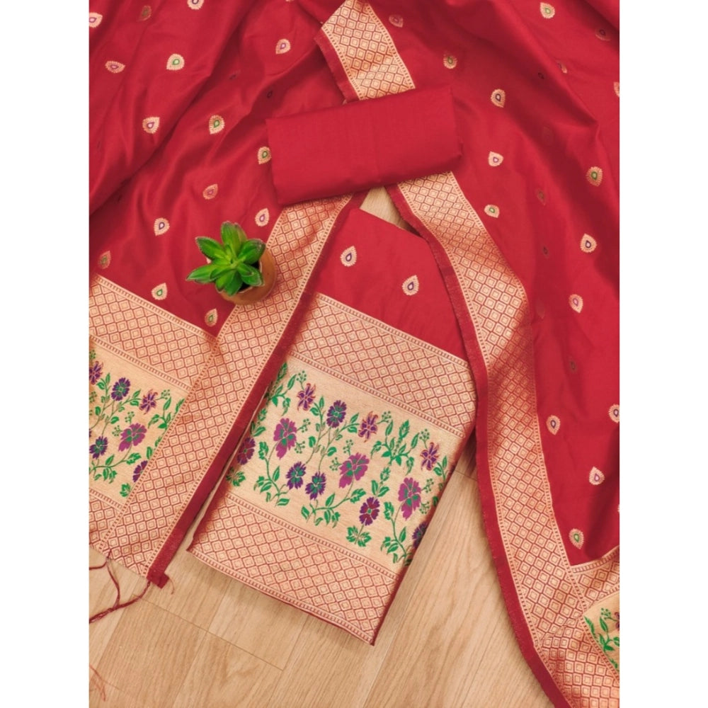 Vaystra Banarasi Silk Printed Unstitched Salwar Suit Material With Dupatta – Red