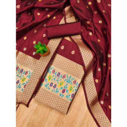 Vaystra Banarasi Silk Printed Unstitched Salwar Suit Material With Dupatta – Maroon