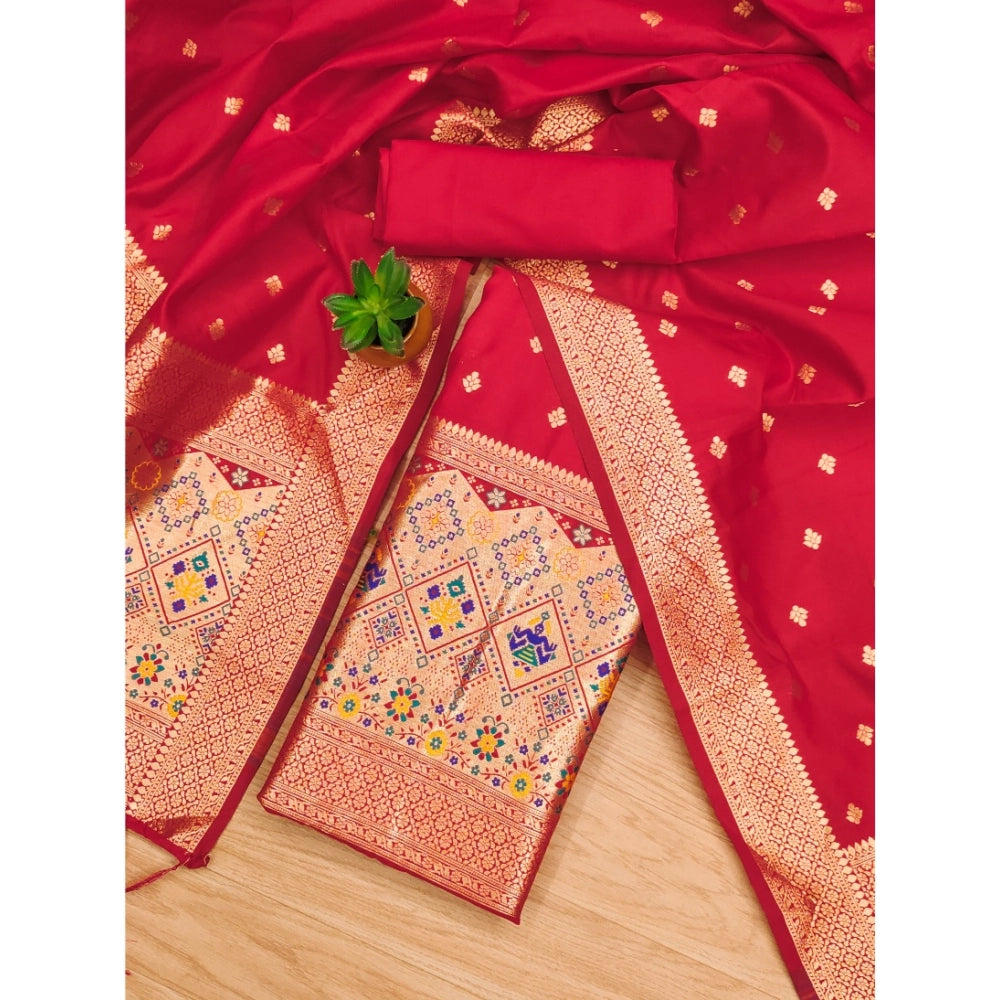 Vaystra Banarasi Silk Printed Unstitched Salwar Suit Material With Dupatta – Red