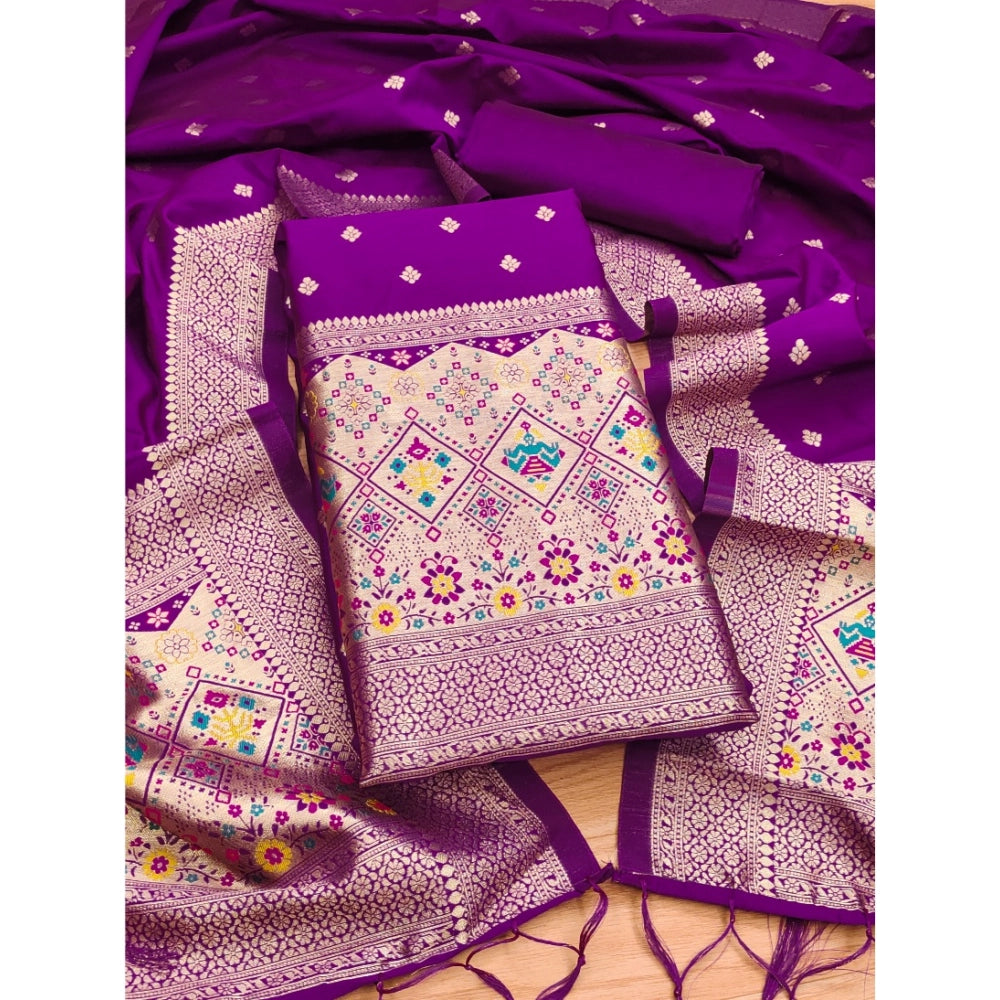 Vaystra Banarasi Silk Printed Unstitched Salwar Suit Material With Dupatta – Purple