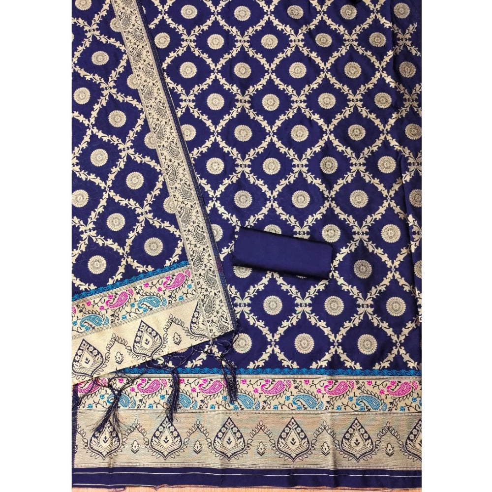 Vaystra Banarasi Silk Printed Unstitched Salwar Suit Material With Dupatta – Navy Blue
