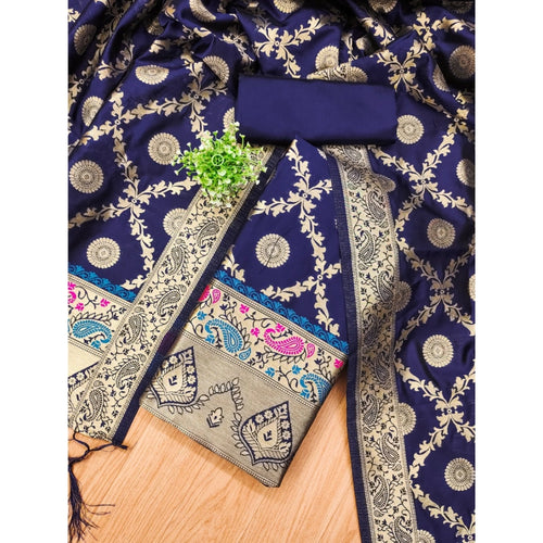 Vaystra Banarasi Silk Printed Unstitched Salwar Suit Material With Dupatta – Navy Blue