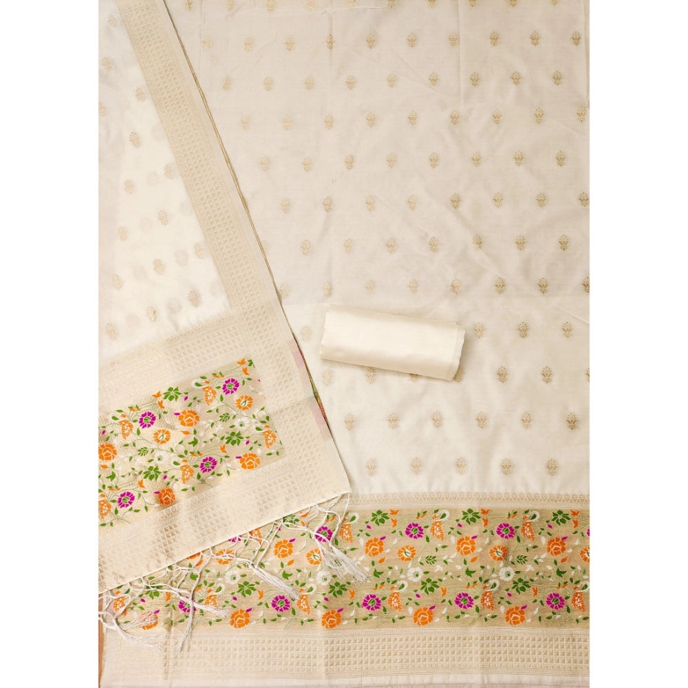 Vaystra Banarasi Silk Printed Unstitched Salwar Suit Material With Dupatta – White