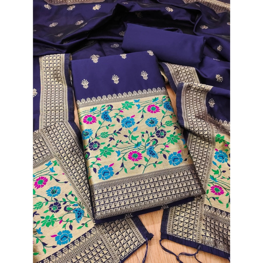 Vaystra Banarasi Silk Printed Unstitched Salwar Suit Material With Dupatta – Navy Blue