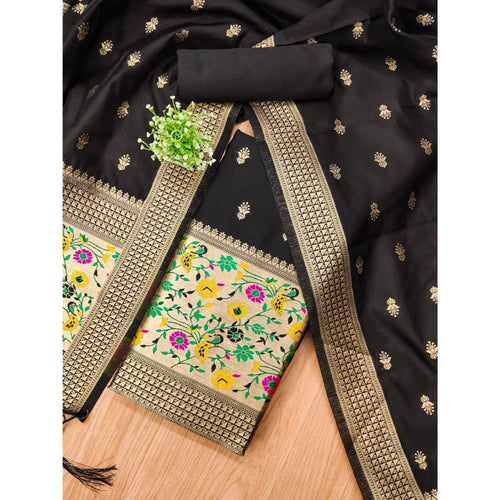 Vaystra Banarasi Silk Printed Unstitched Salwar Suit Material With Dupatta – Black
