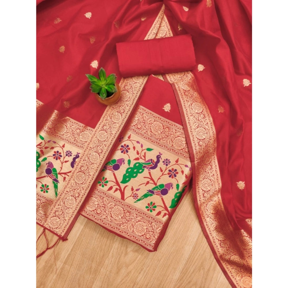Vaystra Banarasi Silk Printed Unstitched Salwar Suit Material With Dupatta – Red