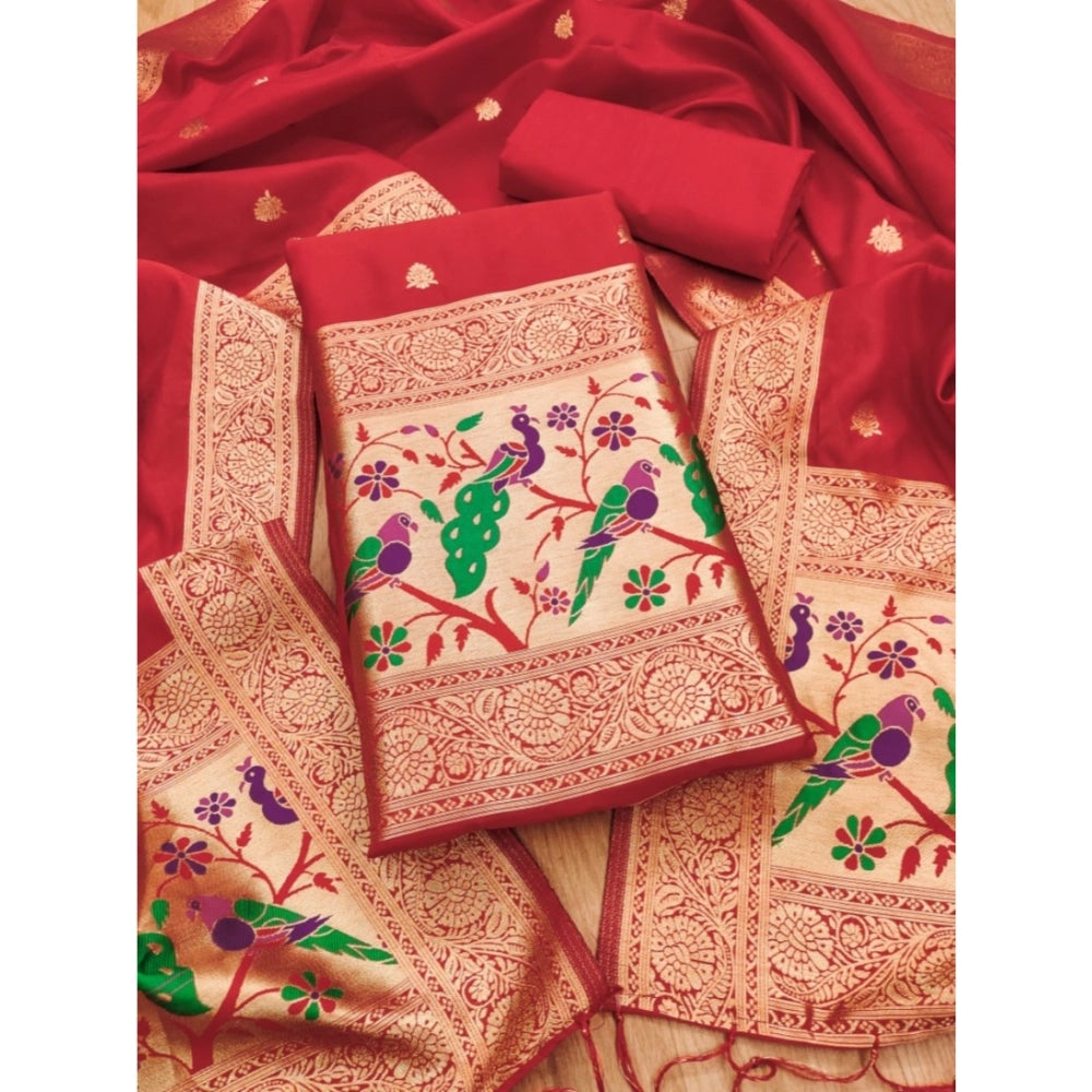 Vaystra Banarasi Silk Printed Unstitched Salwar Suit Material With Dupatta – Red