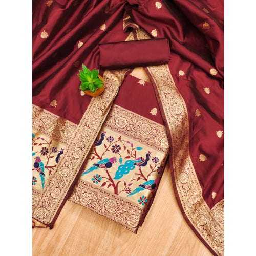 Vaystra Banarasi Silk Printed Unstitched Salwar Suit Material With Dupatta – Maroon