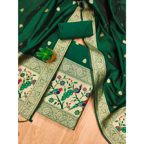 Vaystra Banarasi Silk Printed Unstitched Salwar Suit Material With Dupatta – Bottle Green