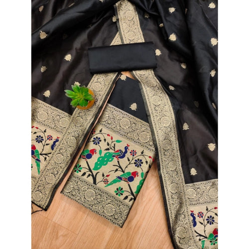 Vaystra Banarasi Silk Printed Unstitched Salwar Suit Material With Dupatta – Black