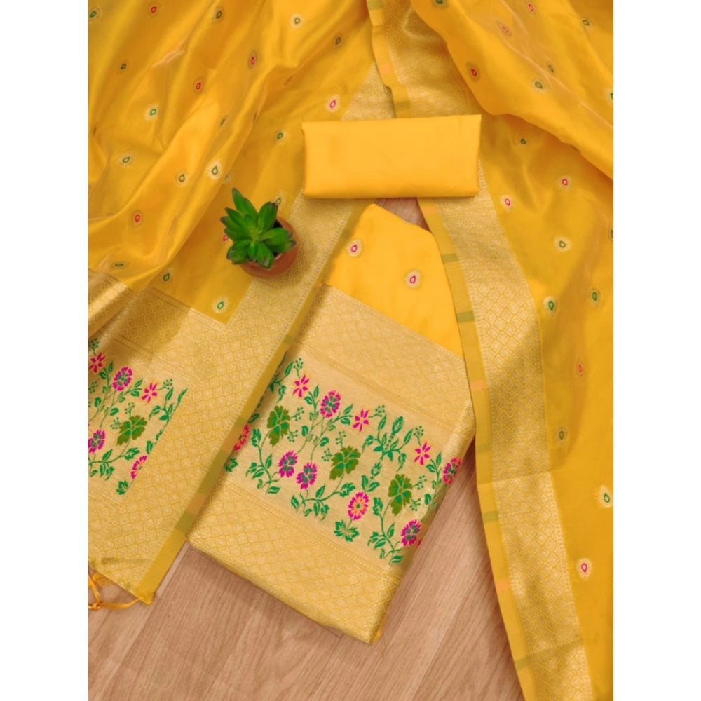 Vaystra Banarasi Silk Printed Unstitched Salwar Suit Material With Dupatta – Yellow