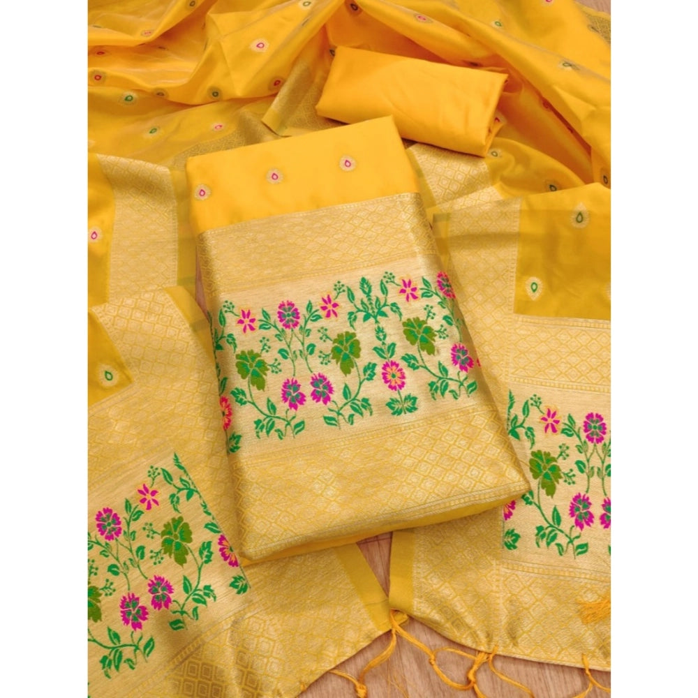 Vaystra Banarasi Silk Printed Unstitched Salwar Suit Material With Dupatta – Yellow
