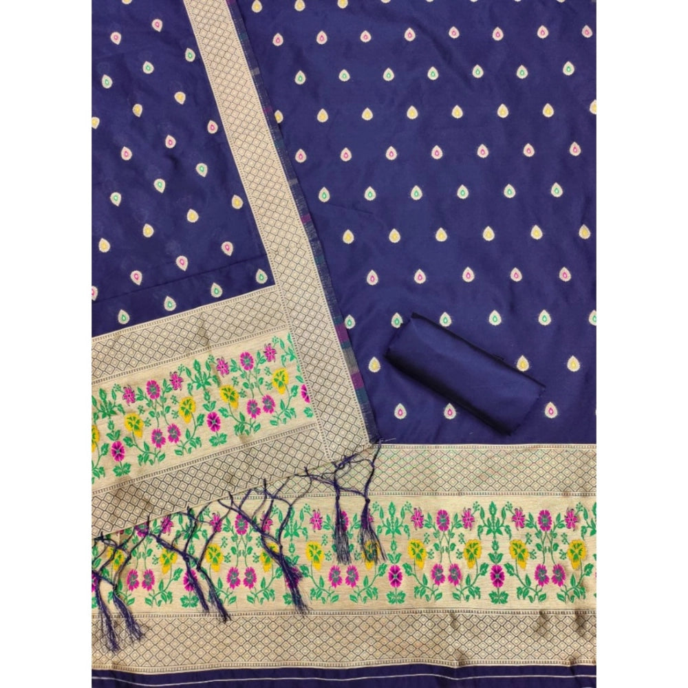 Vaystra Banarasi Silk Printed Unstitched Salwar Suit Material With Dupatta – Navy Blue