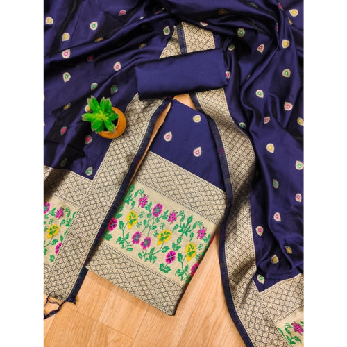 Vaystra Banarasi Silk Printed Unstitched Salwar Suit Material With Dupatta – Navy Blue