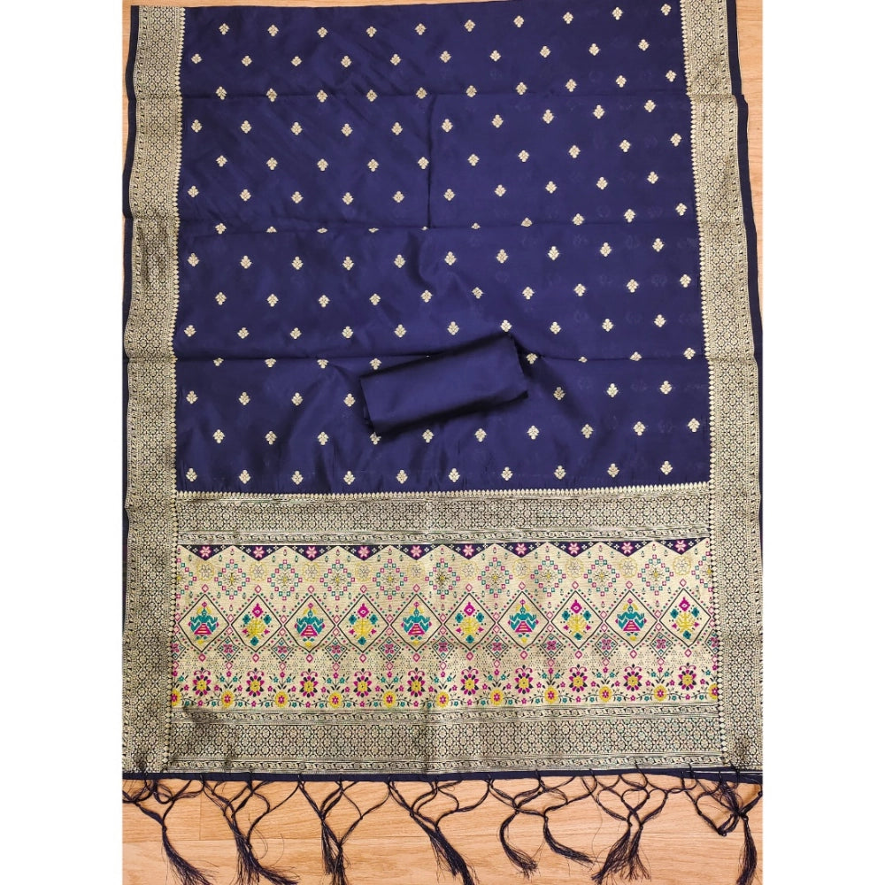 Vaystra Banarasi Silk Printed Unstitched Salwar Suit Material With Dupatta – Navy Blue