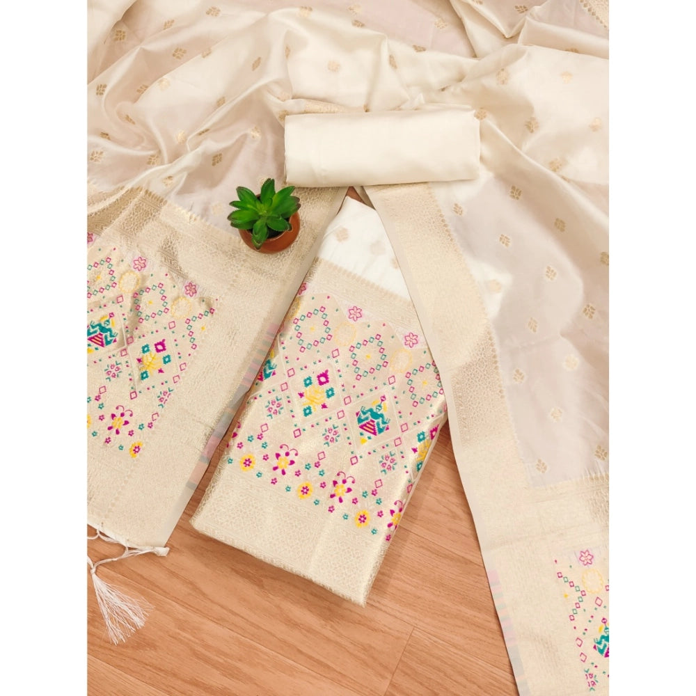 Vaystra Banarasi Silk Printed Unstitched Salwar Suit Material With Dupatta – White