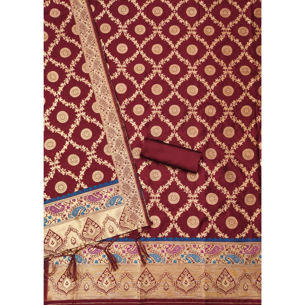 Vaystra Banarasi Silk Printed Unstitched Salwar Suit Material With Dupatta – Maroon