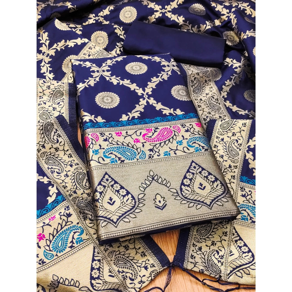 Vaystra Banarasi Silk Printed Unstitched Salwar Suit Material With Dupatta – Navy Blue