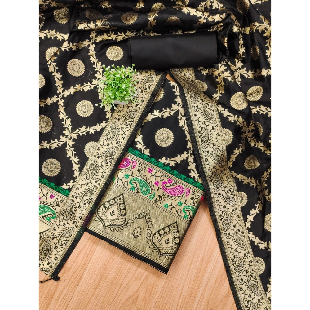 Vaystra Banarasi Silk Printed Unstitched Salwar Suit Material With Dupatta – Black